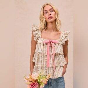 BiBi Floral Printed Woven Front Bow Tied Ruffled Square Neck Sleeveless Top